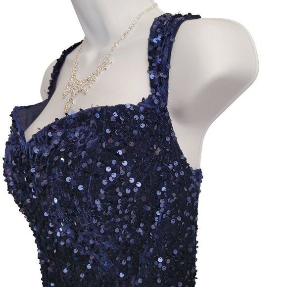 NWT Dark Navy Blue Sequin Evening Classic Sleeveless Corset Back Thigh Slit - Picture 14 of 15
